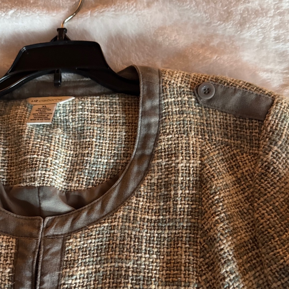 Liz Claiborne Tweed Jacket Vintage Blazer Neutral Open Front Textured Career - Picture 3 of 7